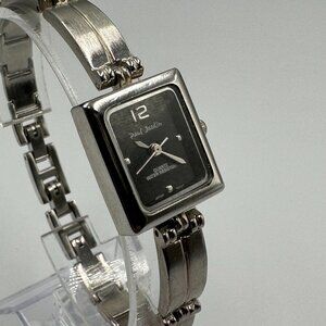 3/$30 Paul Jardin Watch Women Silver Black Rectangle Dial Quartz Bracelet 8"